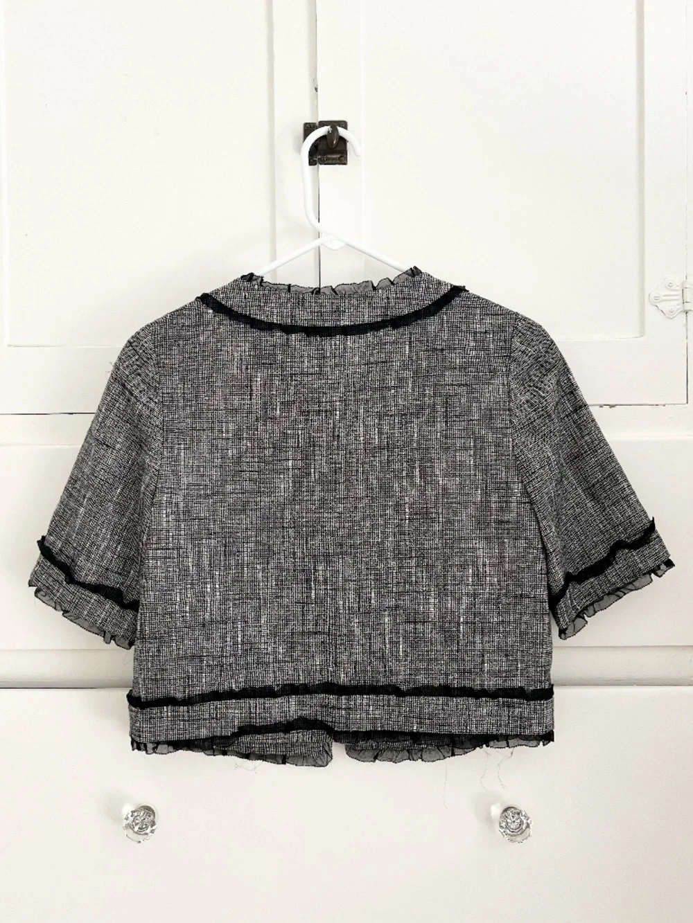 Kate Spade Black Tweed Cropped Short Sleeve Jacket Bow Size 4